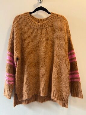 Aerie Wool Mohair Cozy Knit Sweater in Chestnut Brown and Pink
